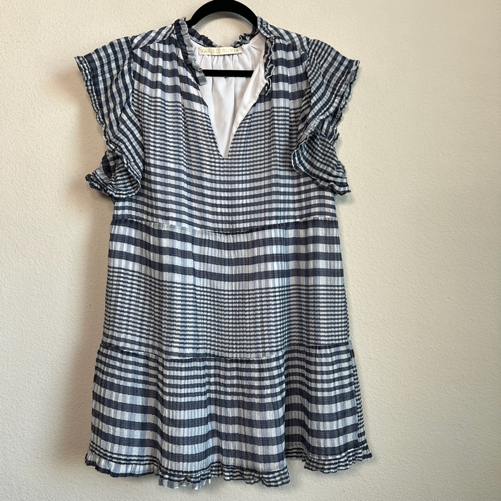 Marie Oliver Blue and White Checkered tiered bay Mini Dress